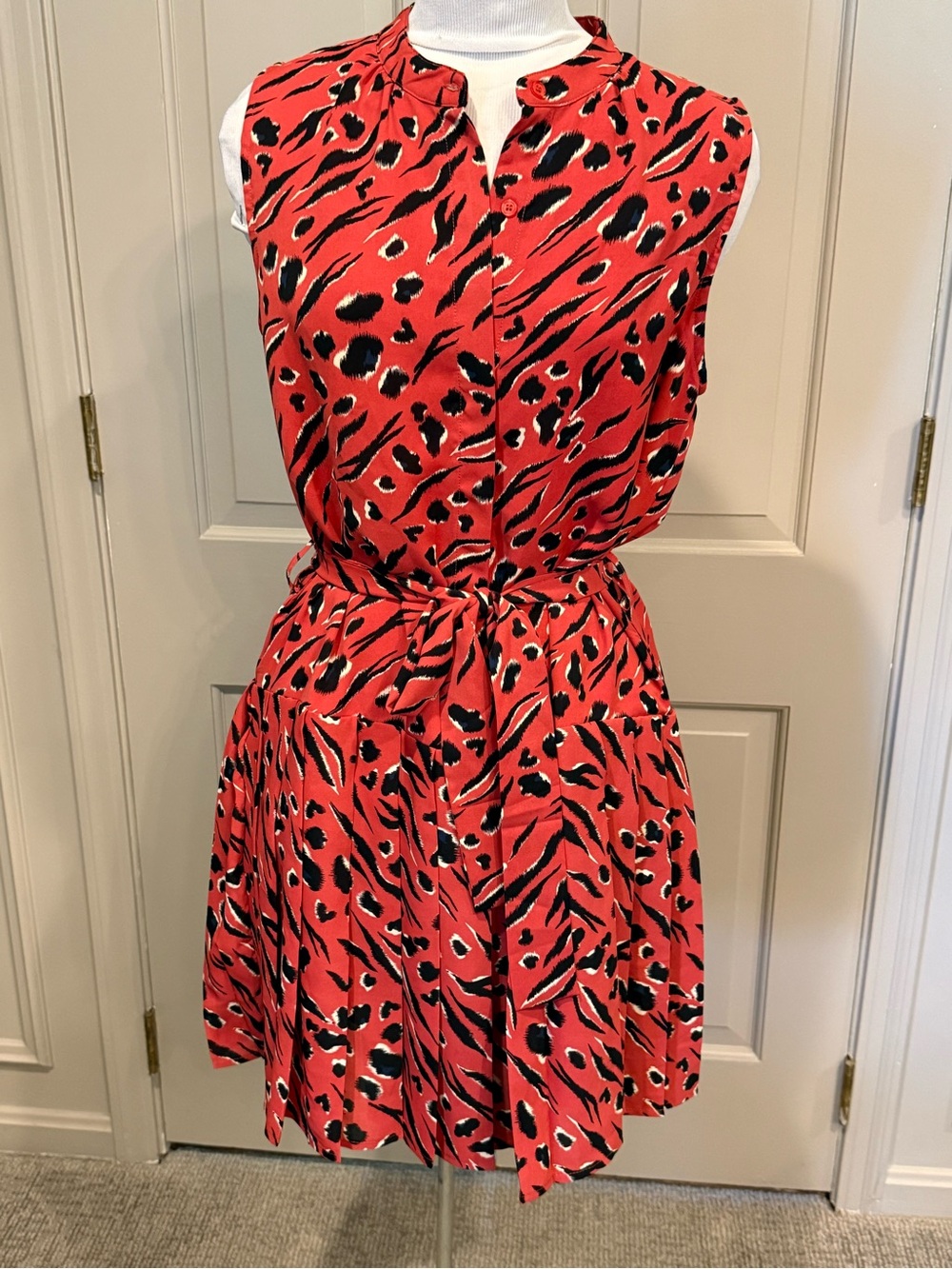 Joy Joy Sleeveless Red Animal-Print Tie-Waist Mini Dress Medium NEW NWT